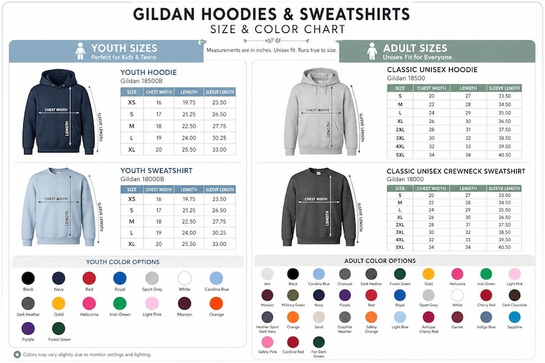 May include: Size and color chart for Gildan hoodies and sweatshirts. Includes youth and adult sizes, chest width, length, and sleeve length measurements in inches. Color options are also displayed.