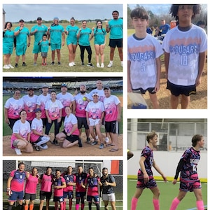 May include: A collage of images featuring groups of people wearing matching team apparel. The shirts and shorts are various colors, including teal, pink, and navy blue. The text "CUSTOMER SHOW" is at the top of the image.