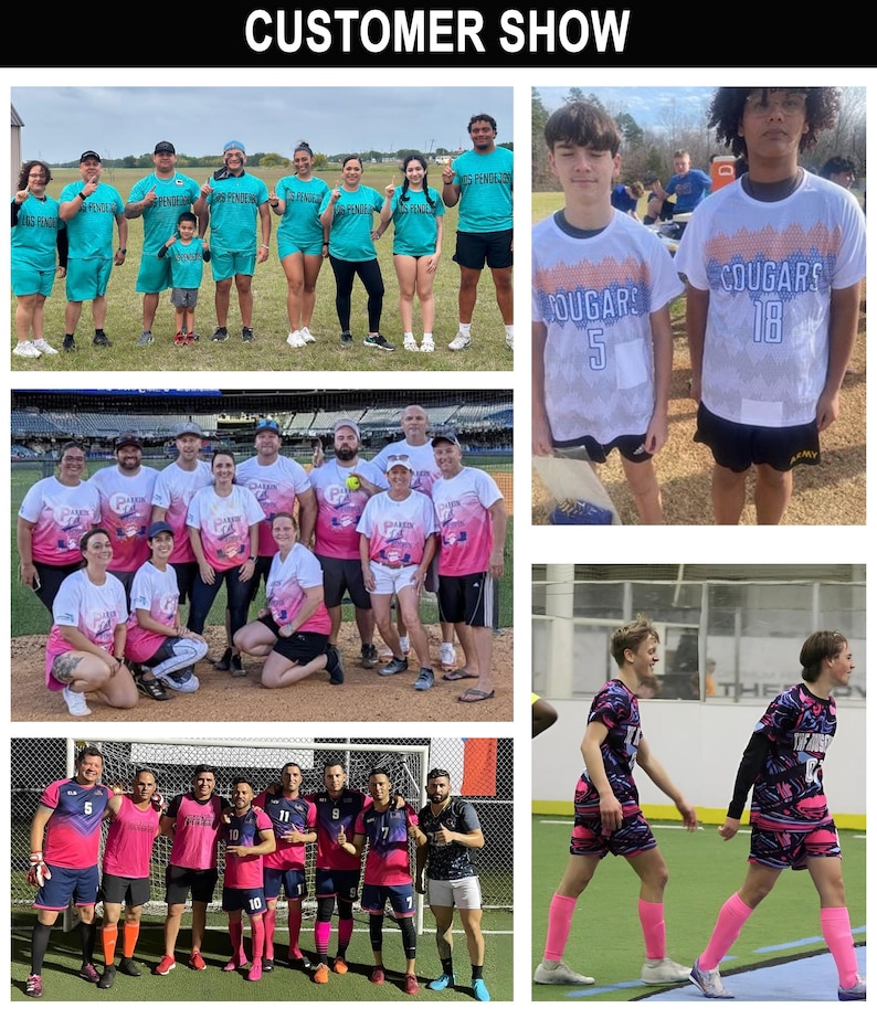 May include: A collage of images featuring groups of people wearing matching team apparel. The shirts and shorts are various colors, including teal, pink, and navy blue. The text "CUSTOMER SHOW" is at the top of the image.
