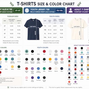 May include: T-shirt size and color chart with measurements in inches. Includes toddler, youth, and adult sizes. Features a variety of colors for each size, including Asphalt, Black, White, and Red. The chart also lists fabric details.