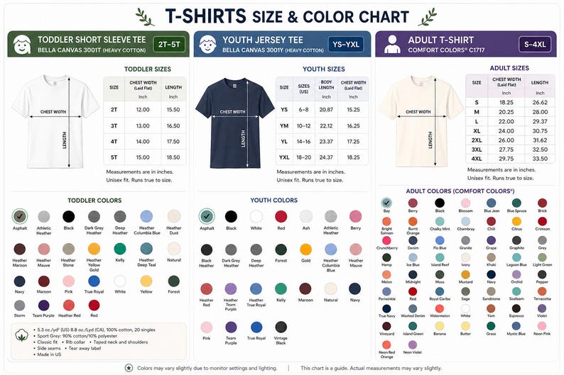 May include: T-shirt size and color chart with measurements in inches. Includes toddler, youth, and adult sizes. Features a variety of colors for each size, including Asphalt, Black, White, and Red. The chart also lists fabric details.