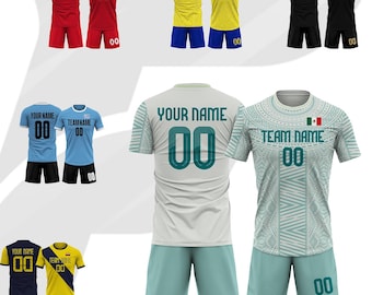 Camiseta y pantalones cortos de fútbol de México personalizados para hombres, mujeres, niños y jóvenes. Uniforme del equipo con nombre, número y logotipo personalizados. Camisetas de fútbol verde nacional.