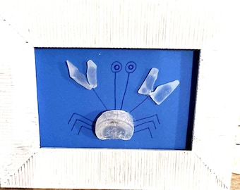 Real Beach Glass Crab Art: Coastal Home Decor, Nautical Wall Art