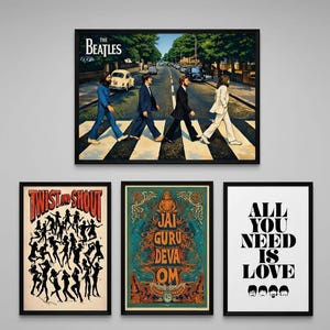 May include: Four framed art prints. The top print features The Beatles crossing Abbey Road. Below are prints with the text "Twist and Shout", a spiritual design, and the words "All You Need Is Love".