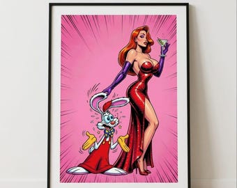 Póster de película de estilo pop art inspirado en Jessica Rabbit y Roger Rabbit, descarga digital de 300 DPI.