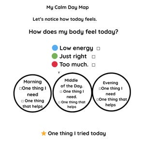 Könnte beinhalten: Eine schwarz-weiße tägliche Check-in-Tabelle mit dem Titel "My Calm Day Map". Sie enthält Abschnitte zur Verfolgung von Körpergefühlen, Bedürfnissen und hilfreichen Handlungen während des Tages. Die Tabelle enthält den Text "Lasst uns bemerken, wie sich der heutige Tag anfühlt."