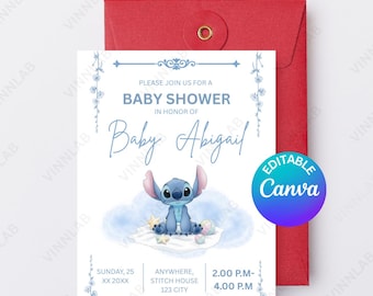 Stitch Baby Shower Invitation, Stitch Baby blue Themed Digital Card