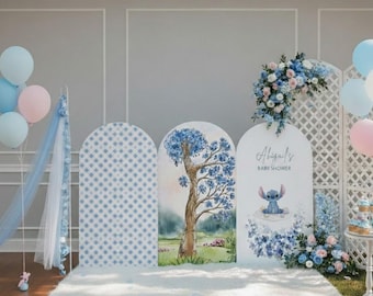 Editable Stitch Baby Shower Backdrop Bundle, 3 Arch Wall Designs, Blue Floral Baby Shower Decor, DIY Printable Large Sign, 4x7ft & 3x6ft