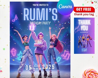 KPOP Demon Hunters Birthday Invitation, HUNTRIX Kpop Demon Hunters, Kpop Demon Hunters Huntrix - Free Thankyou tags