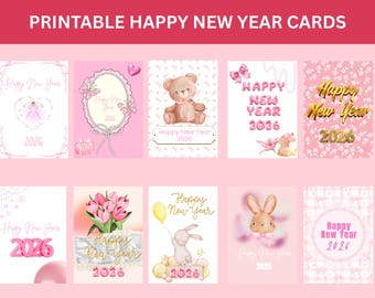 Pink Vintage New Year Cards 2026: Printable DIY Bundle (PDF)