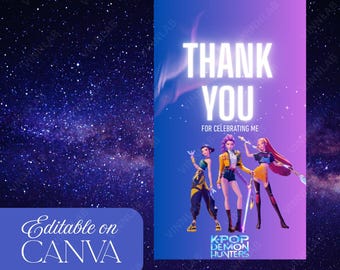 Editable K-pop Demon Hunter Thank You Tags for Birthday| Printable Canva Template Digital Download