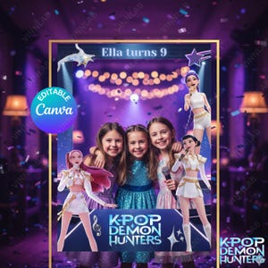 以下が含まれることがあります： 「Ella turns 9」と「K-POP DEMON HUNTERS」の文字が入ったデジタルフォトフレーム。3人の女の子とアニメーションのK-POPシンガーが登場。背景は、紙吹雪が舞うコンサートステージです。
