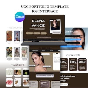 May include: A digital UGC portfolio template featuring an iOS interface design. The layout includes dark brown sections with white text, showcasing a professional profile for Elena Vance, service packages, and a recent work grid with various video thumbnails.