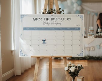Stitch Baby Shower Guess the Due Date Baby Shower Calendar, Blue Floral Due Date Raffle, Ohana Baby Shower Games, Digital Download