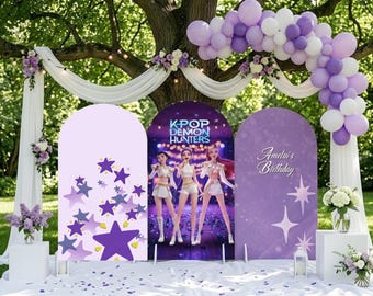 Editable Birthday Kpop Demon Hunter Backdrop Bundle, 3 Arch Wall Designs, Decor, DIY Printable Large Sign, 4x7ft & 3x6ft