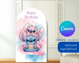 Fondo minimalista de Stitch y ángel: decoración digital para fiestas, accesorio imprimible para fotomatón, línea de arco