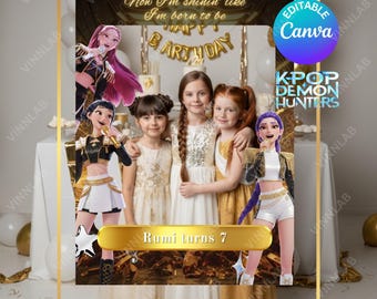 Editable K-pop Demon Hunters Birthday Photo Frame Photobooth | Printable Party Prop | Kpop Themed Birthday Decor | Golden