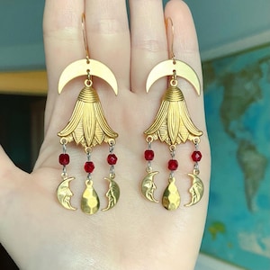 Handmade Celestial Flower Blossom Golden Moon Star Sun Dangle Earrings in Golden Brass Tone, Genuine Red Crystal Detail, USA Free Shipping
