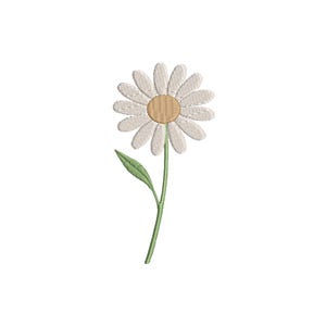 May include: Embroidered daisy flower with white petals and a tan center. The flower has a green stem and a single green leaf. The design is on a white background.