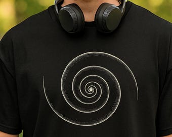 フィボナッチスパイラルシャツ、スパイラルサウンドサイレンスアートシャツ、神聖幾何学Tシャツ、サークルTシャツ、黄金比彫刻スタイルユニーク