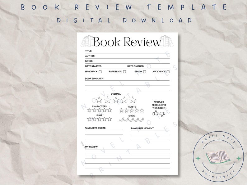 Printable Book Review Template: Reading Journal, Book Club (PDF Download)