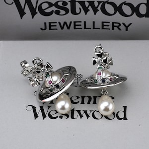 Pendientes Vivienne Westwood en caja, pendientes de perla de Saturno con circonita cúbica en plata 925, regalos para ella