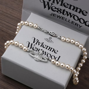 Collar de perlas Vivienne Westwood en caja, colgante de Saturno con circonita cúbica en plata 925, regalo para ella