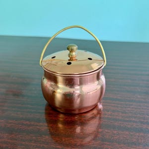 Vintage Miniature Copper Pierced Lid Pot With Brass Hardware