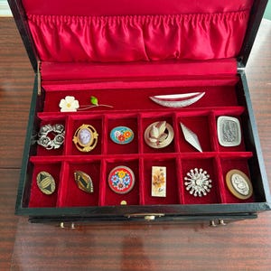 May include: An open black jewelry box with a red velvet interior, showcasing a collection of vintage brooches. The brooches vary in design, including floral, geometric, and cameo styles, with silver, gold, and colorful enamel accents.