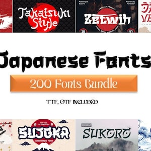 May include: A collection of Japanese fonts is displayed, featuring various styles and designs. The central image highlights "Japanese Fonts" and "200 Fonts Bundle." Surrounding images showcase different font examples, with red and black color schemes.