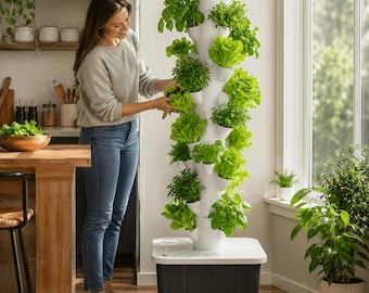 Sistema di coltivazione idroponica verticale aeroponica con serbatoio dell'acqua mobile e timer per la pompa, 15 livelli, 45 postazioni per piante, torre per esterni.