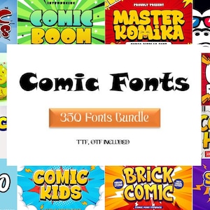 Puede incluir: Una colección de fuentes cómicas con varios estilos y colores. La imagen presenta ejemplos de texto, incluyendo "Comic Lovers", "Comic Room" y "Master Komika". Una pancarta dice "350 Fonts Bundle".