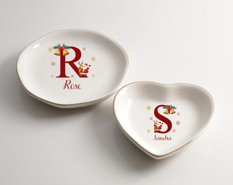 Personalized Christmas Jewelry Dish,Christmas Name Baby Trinket Tray,Holiday Decor Gift,Christmas Tree Ring Dish,Custom Initial Jewelry Tray