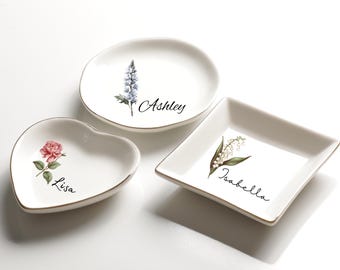 Personalized Birth Flower Trinket Dish, Mother's Day Gift, Christmas Gift, Bridesmaid Gift, Ring Dish, Birthday Jewelry Dish Gift,  Jewelry
