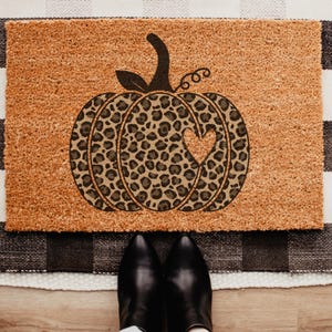Leopard Print Welcome Mat,  Fall Pumpkin Doormat, Door Mat, Halloween Entry Rug, Funny Porch Decor, Thanksgiving Housewarming
