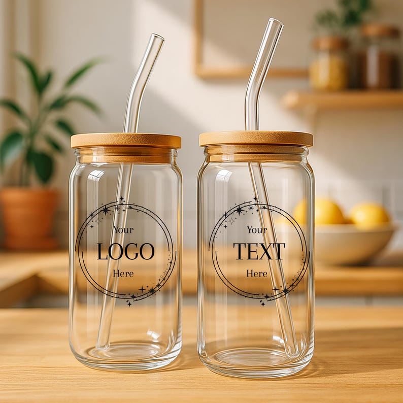 Custom Glass Iced Coffee Cup, Personalized Glass Tumbler with Logo, Your Logo Here, Business Swag, Marketing Gift Corporate Bulk image 1