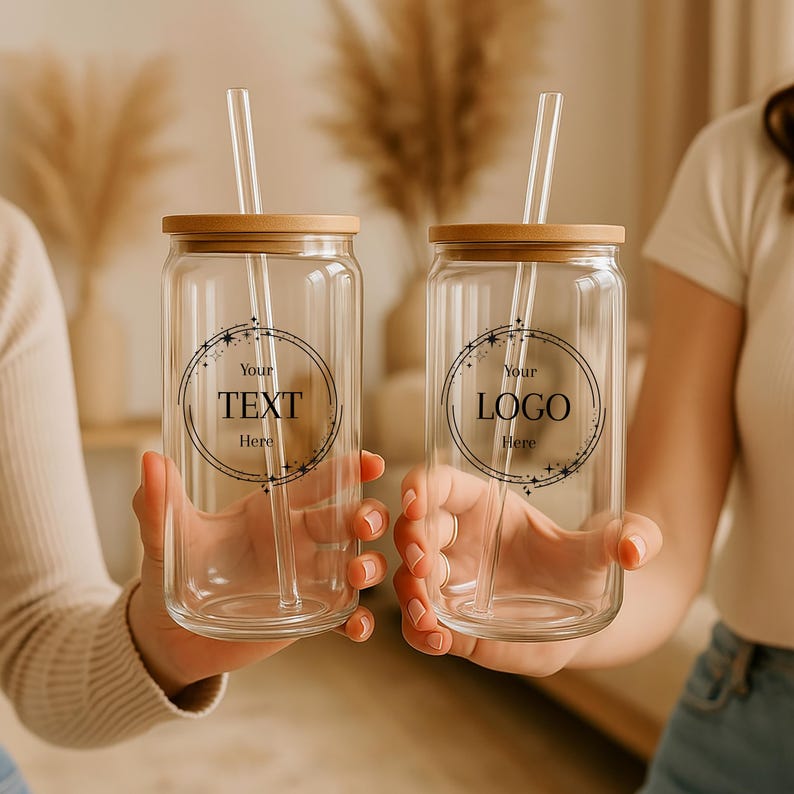 Custom Glass Iced Coffee Cup, Personalized Glass Tumbler with Logo, Your Logo Here, Business Swag, Marketing Gift Corporate Bulk image 5