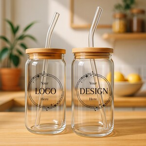Custom Glass Iced Coffee Cup, Personalized Glass Tumbler with Logo, Your Logo Here, Business Swag, Marketing Gift Corporate Bulk image 2