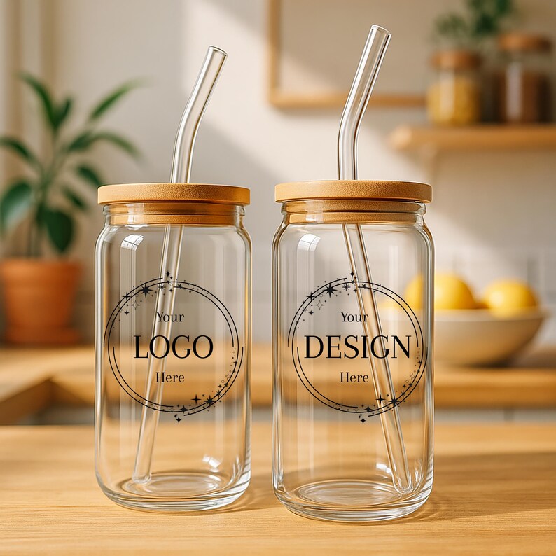 Custom Glass Iced Coffee Cup, Personalized Glass Tumbler with Logo, Your Logo Here, Business Swag, Marketing Gift Corporate Bulk image 2