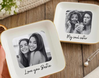 Personalized Bestie Photo Ceramic Jewelry Dish,  Friendship Gift, Ceramic Trinket Tray for Best Friend, Birthday Gift for Bestie