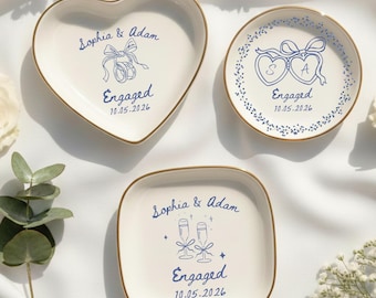 Custom Engagement Ring Dish,Wedding Ring Dish,Ring Dish,Gifts for Her, Engagement Ring Tray,Initials Toile De Jouy Date Ring Dish