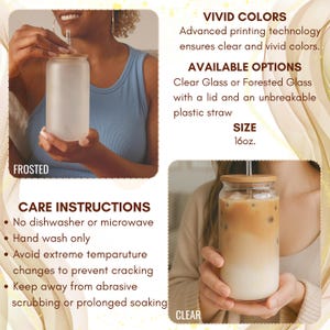 May include: Frosted and clear glass tumblers with wooden lids and plastic straws. The image highlights the available options and care instructions. The tumblers are 16oz.