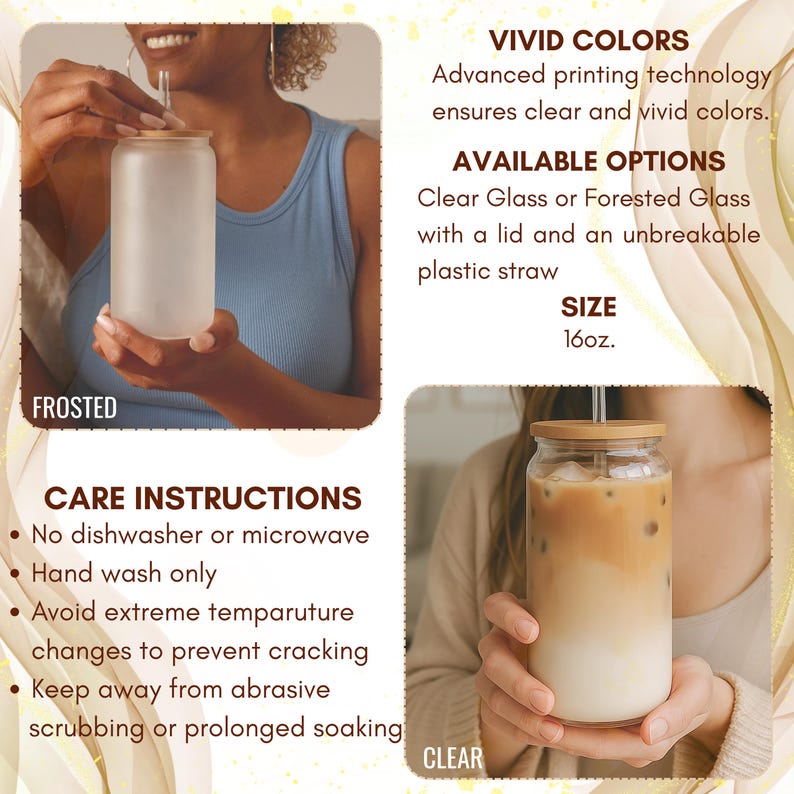May include: Frosted and clear glass tumblers with wooden lids and plastic straws. The image highlights the available options and care instructions. The tumblers are 16oz.
