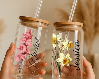 Personalized Iced Coffee Cup Floral Retro, Custom Can Glass with Lid and Straw, Bachelorette Glass Cup, Bridesmaid Gift, Bridesmaid Proposal