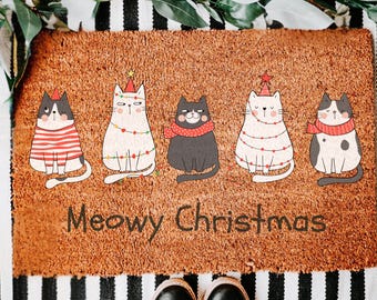 Meowy Christmas Doormat, Cat Christmas Doormat, Outdoor Christmas Cat Door Mat, Christmas Cat Doormat Black Cat Doormat