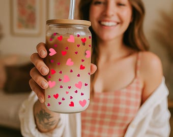 Valentine's Day Heart Glass Cup with Bamboo Lid and Glass Straw, 16 oz Beer Can Glass Cup, Iced Coffee Glass Cup, Soda Glass Can, Heart Wrap