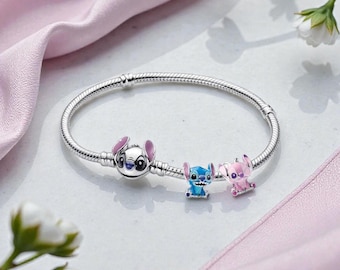 Stitch and Angel Charm Bracelet Gift Set for Women, Sterling Silver Jewellery with Two Cute Charms, Perfect Gift for Her