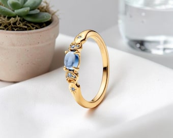 Op prinses Jasmine geïnspireerde ring van 14K vergulde, blauwe steen statement ring voor vrouwen, sprookjesachtige sieraden cadeau voor haar, sieraden van Aladdin