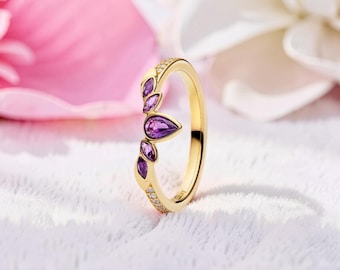 Koningin Anna tiararing in 14k verguld, prinses geïnspireerde ring voor vrouwen, violette stenen tiararing, sprookjesachtige kroonstijl ring cadeau voor haar