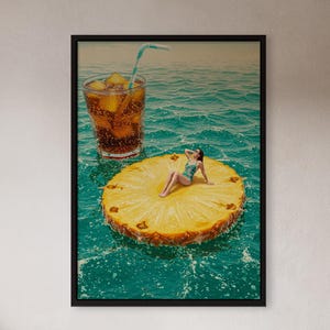 Ananas Float Poster, Tropischer Sommer Wandbild, Surrealer Strand Kunstdruck, Geschenkidee, Glanzpapier Kunst